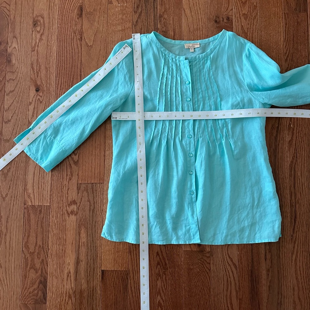 Vtg Choices Women’s Linen Teal Blue 3/4 Sleeve Button Front Blouse Top, Sz M - Picture 9 of 10